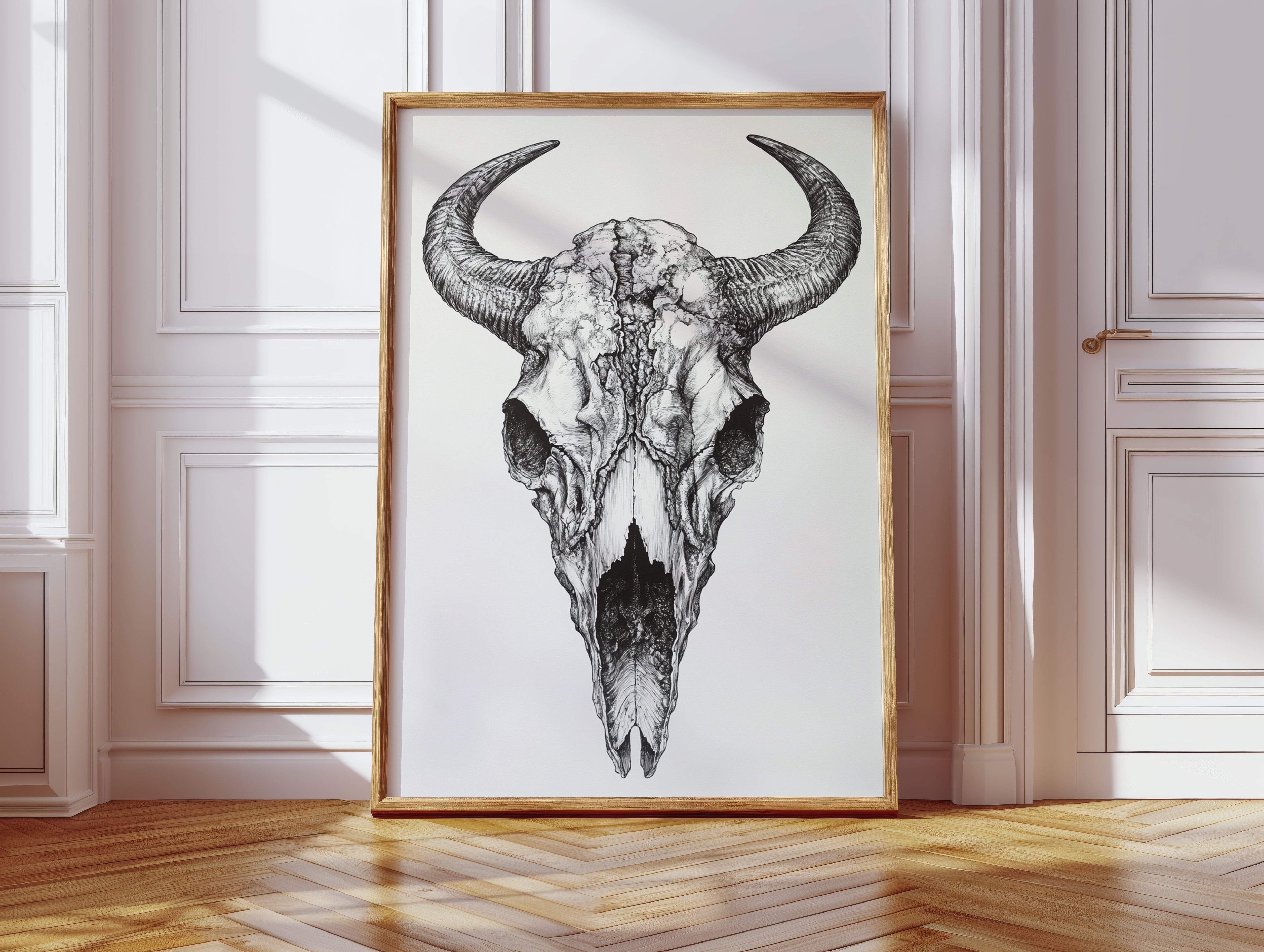 Gallery image 4 for Western Bison Skull – Black Ink Rustic Wall Art