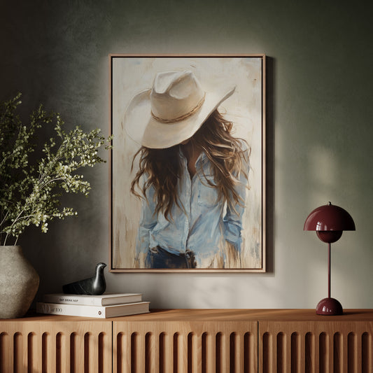 Gallery image 1 for Cowgirl in Blue – Soft Western Elegance Canvas Print
