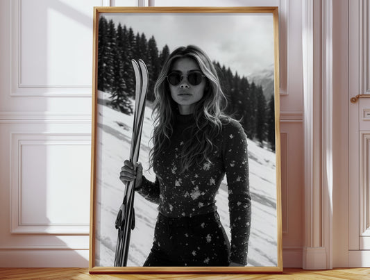 Gallery image 1 for Snow-Covered Skier in Monochrome – Fashionable Winter Sports Photography Print