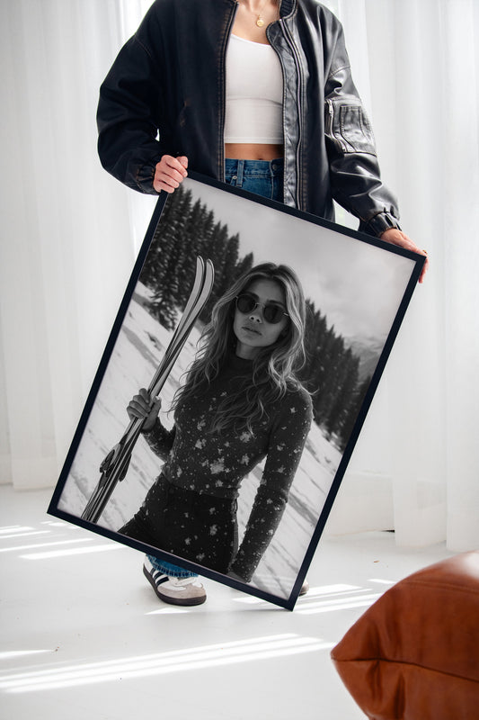 Gallery image 9 for Snow-Covered Skier in Monochrome – Fashionable Winter Sports Photography Print
