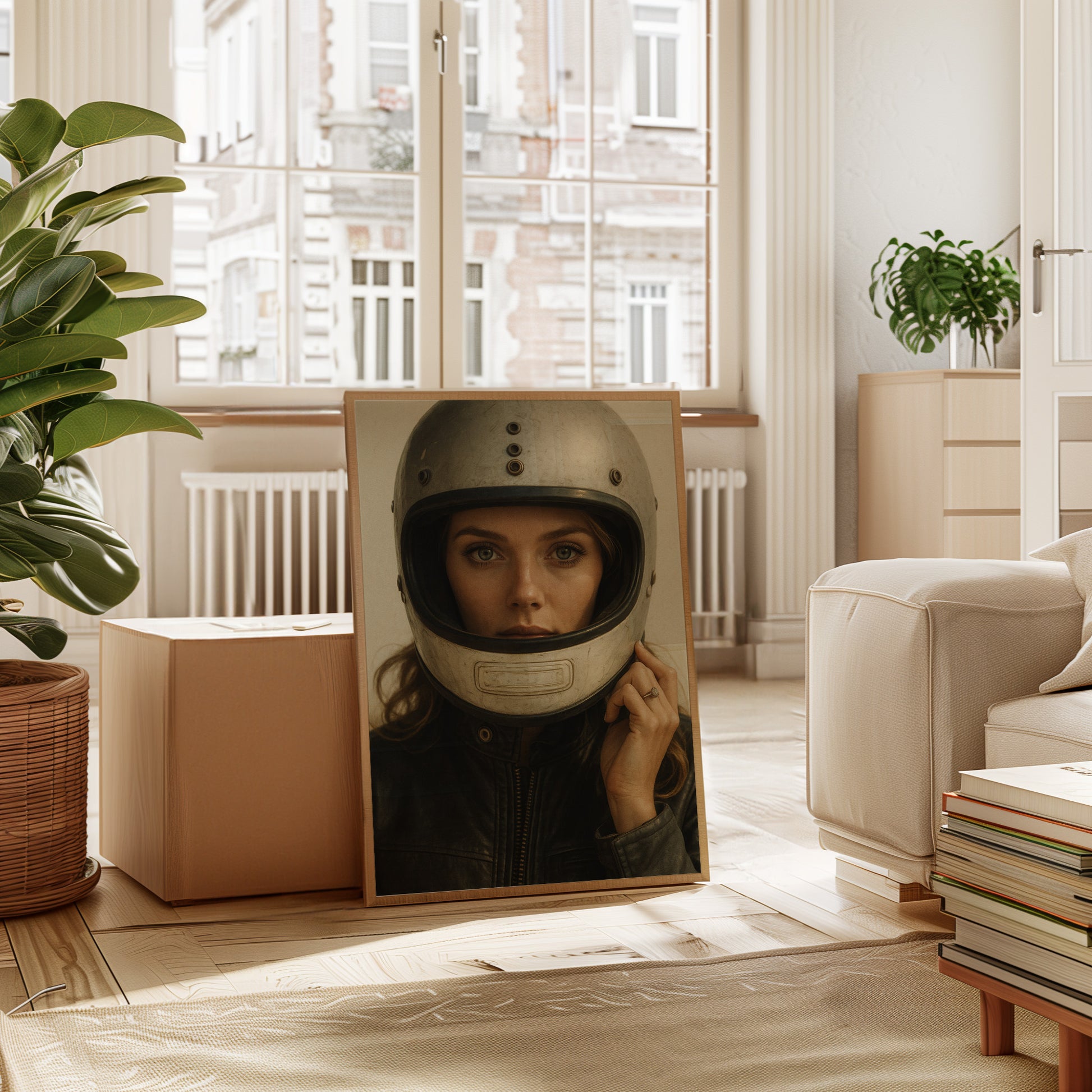 Gallery image 1 for Vintage Moto Muse – Retro Helmet Portrait Print