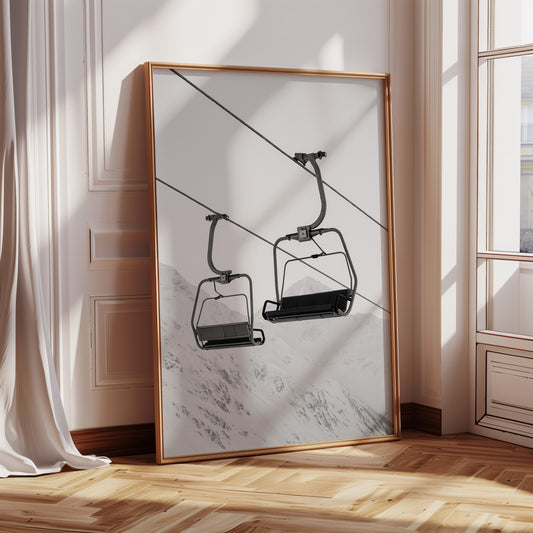 Gallery image 3 for Solitude in Ascent – Minimalist Ski Lift Black & White Print
