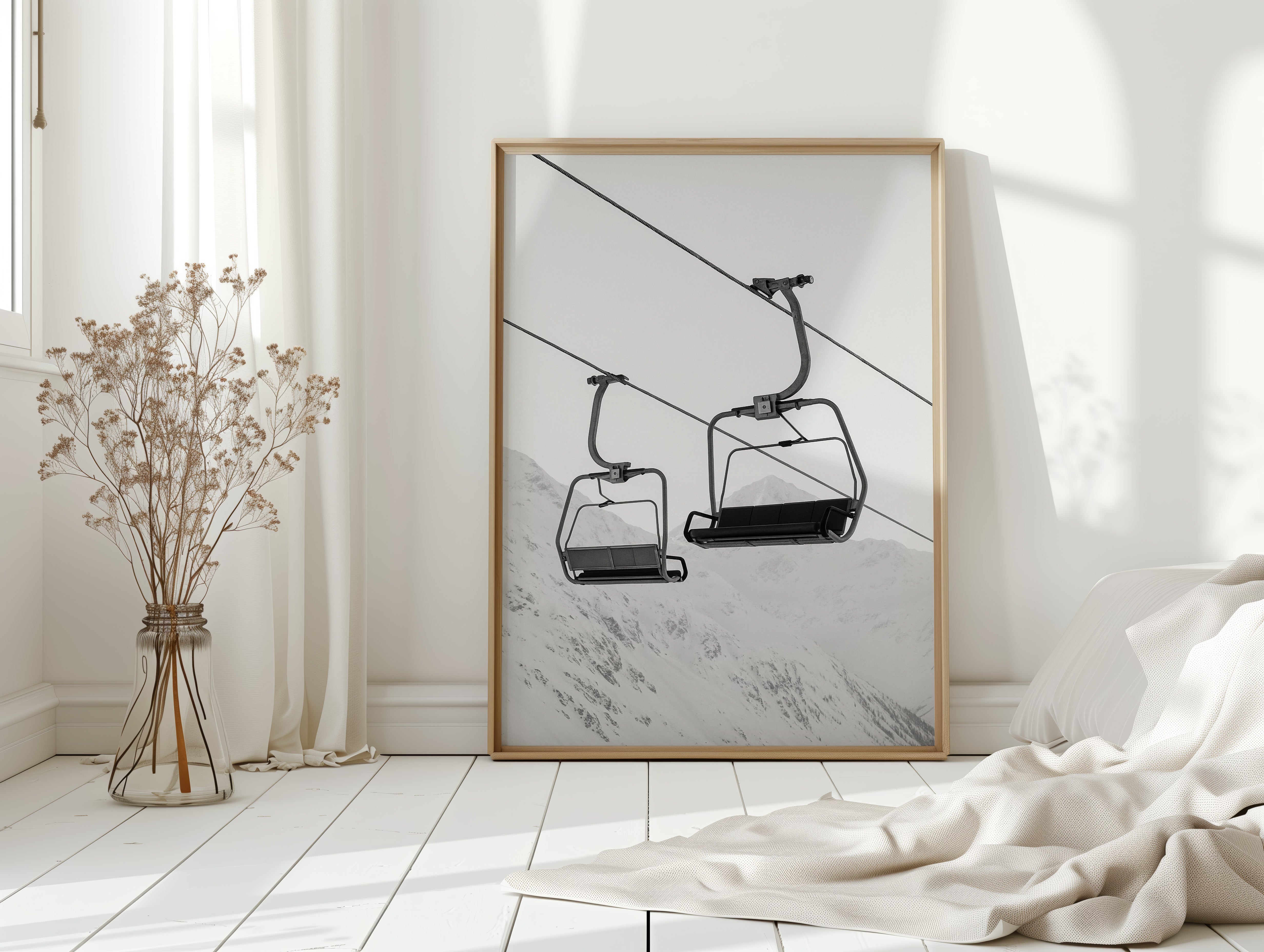 Gallery image 7 for Solitude in Ascent – Minimalist Ski Lift Black & White Print