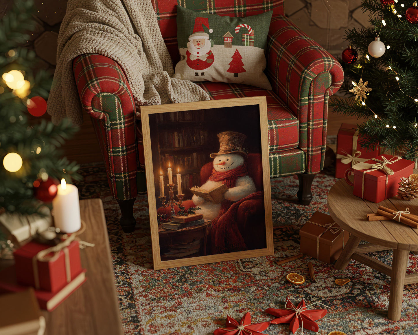 Snowman's Library On Winter Night