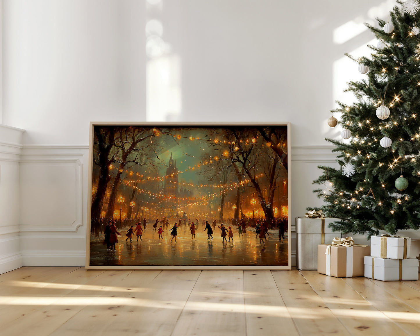 Winter Skaters Dance Under Golden Lights