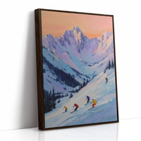 Skiers Chase Alpine Sunset Colors