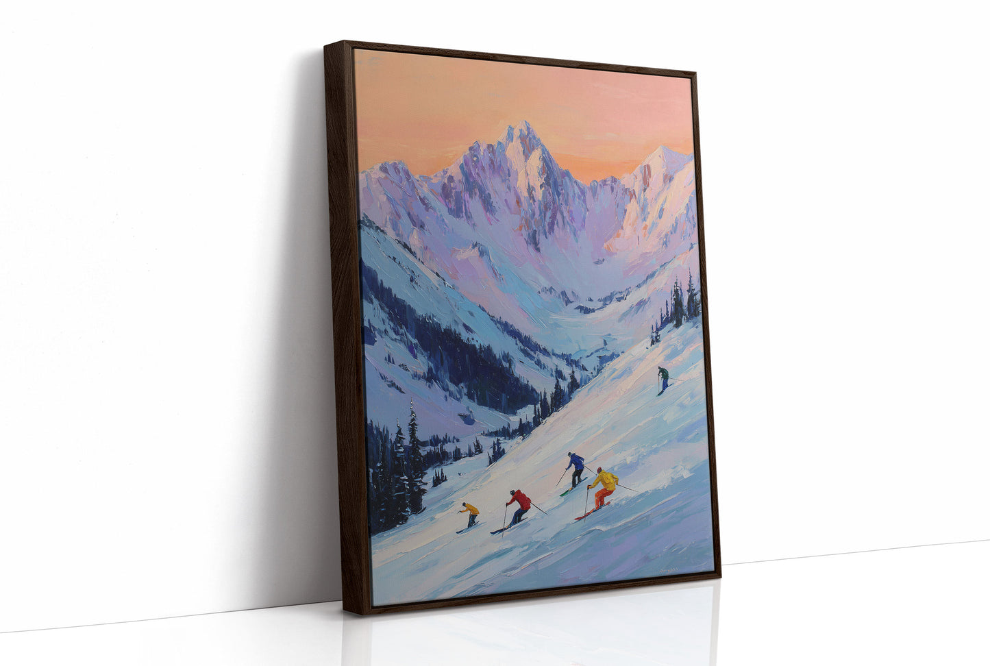 Skiers Chase Alpine Sunset Colors