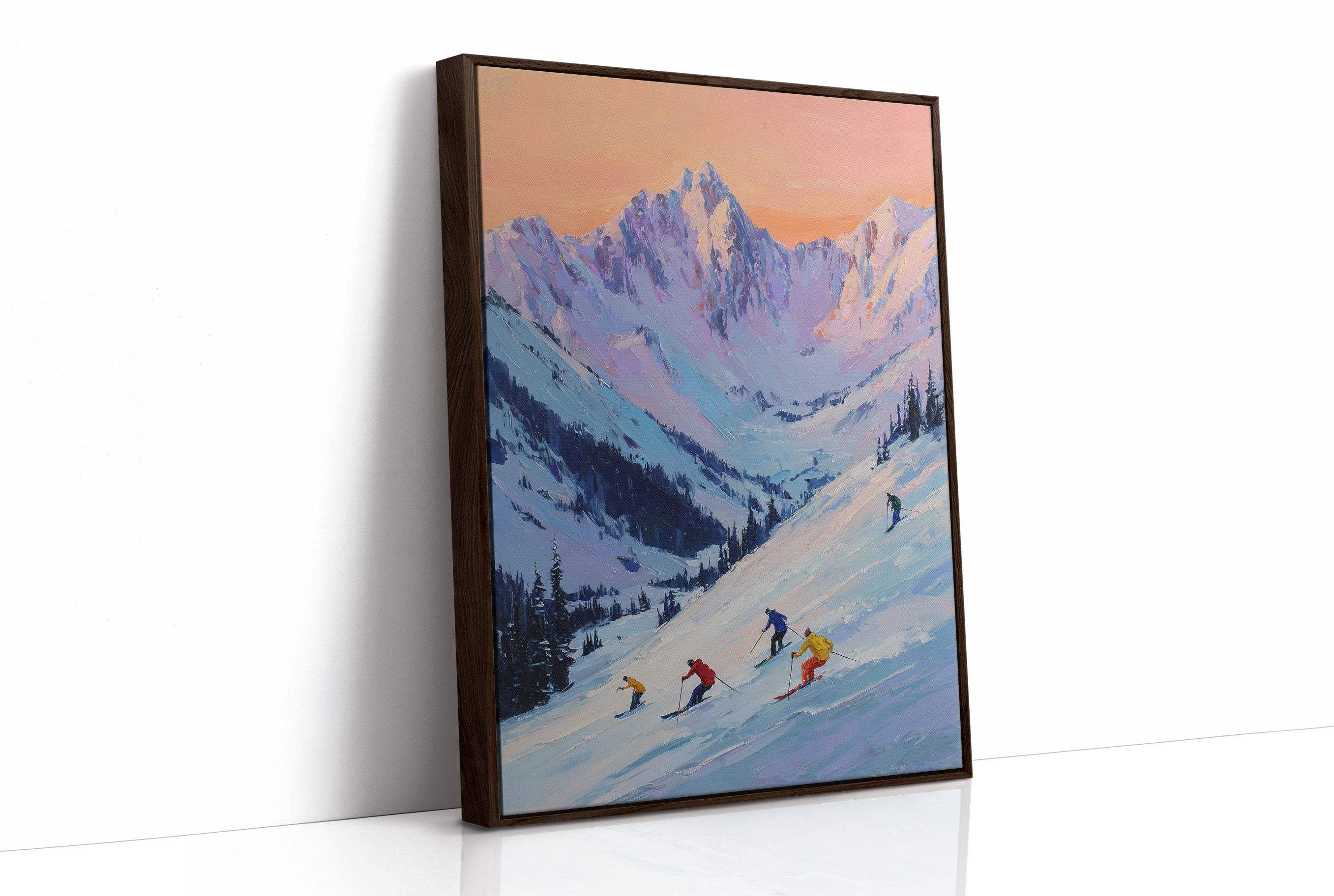 Skiers Chase Alpine Sunset Colors