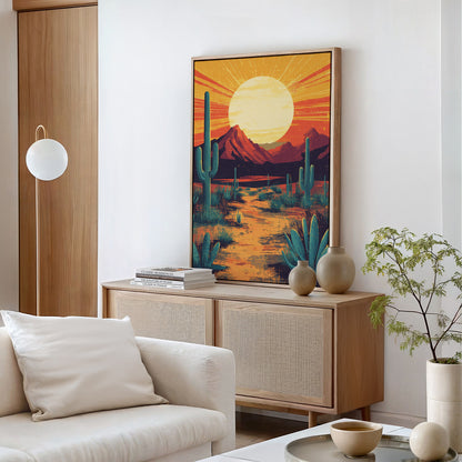 Golden Desert Sunset – Southwestern Cactus Wall Art