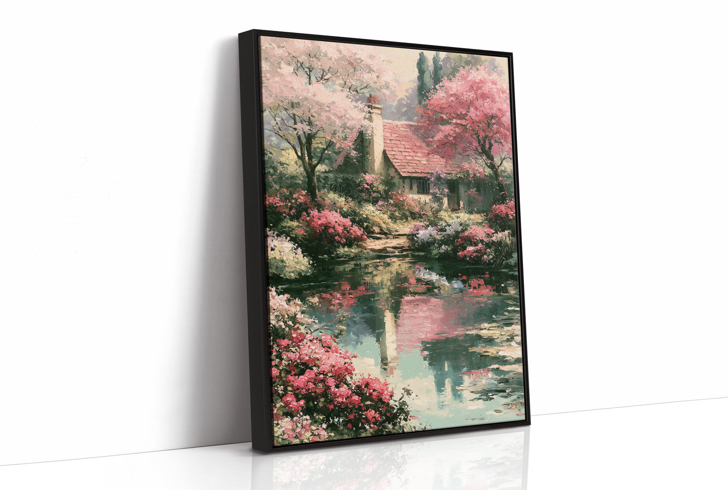 Blossoms and Reflections by the Cottage Pond
