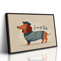 La Vie Est Belle Canvas Art | French Dachshund in Beret & Sweater Print for Living Room, Office or Dog Lover Décor