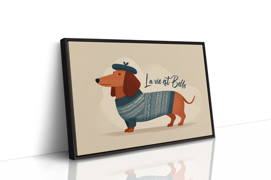 La Vie Est Belle Canvas Art | French Dachshund in Beret & Sweater Print for Living Room, Office or Dog Lover Décor