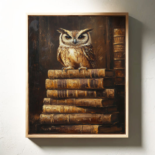 Wise Owl on Antique Books – Dark Academia Wall Art, Vintage Library Print, Scholar’s Study Decor