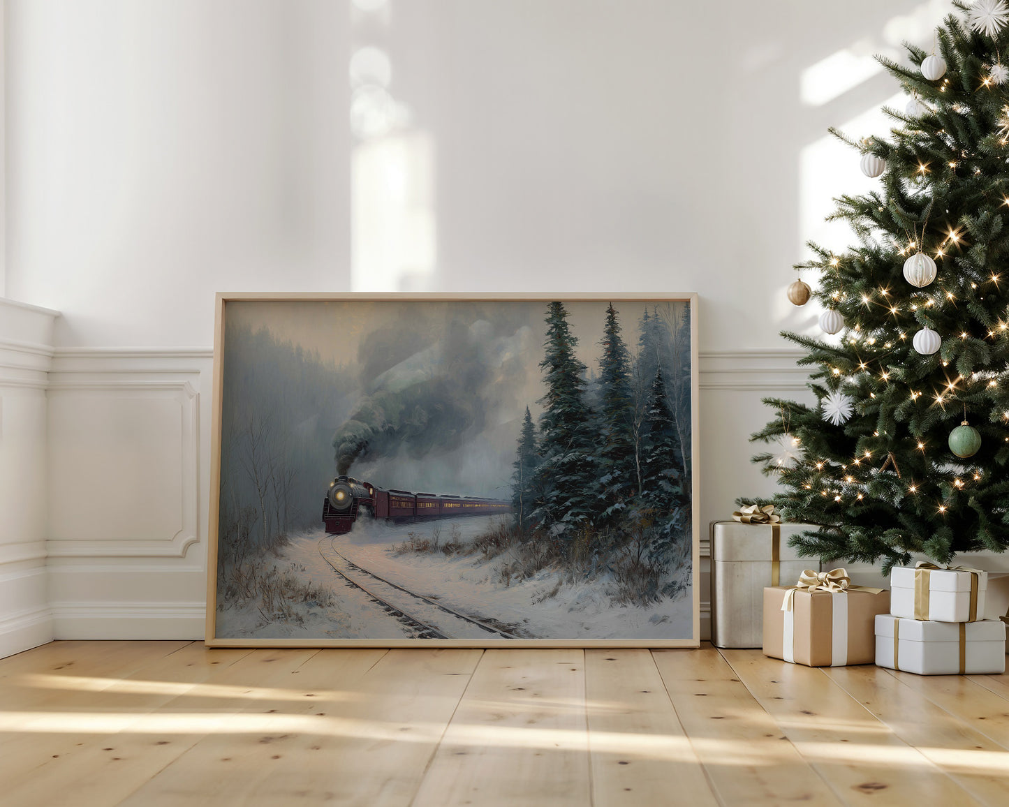 Winter Steam Curves Through Pine Forest