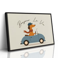 Bonjour La Vie Canvas Art | French Dachshund Driving Convertible Print for Living Room, Office or Dog Lover Décor