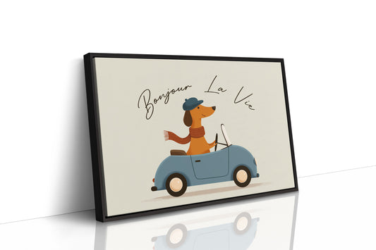 Bonjour La Vie Canvas Art | French Dachshund Driving Convertible Print for Living Room, Office or Dog Lover Décor