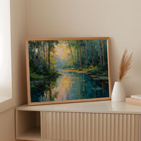 Sunlit Waters Between Tall Pines