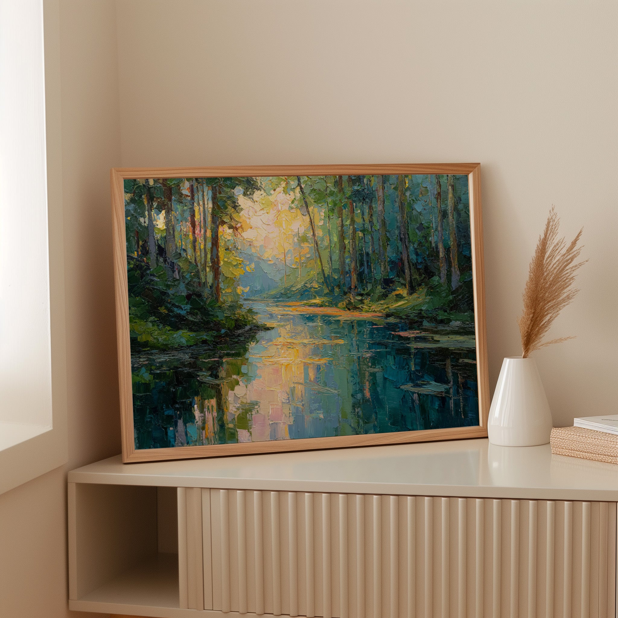 Sunlit Waters Between Tall Pines