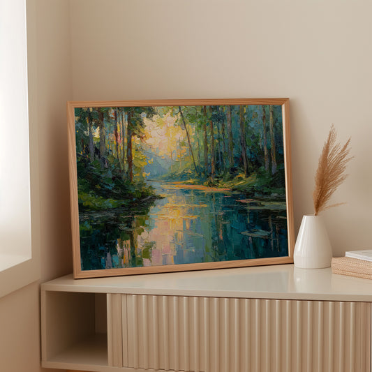 Sunlit Waters Between Tall Pines