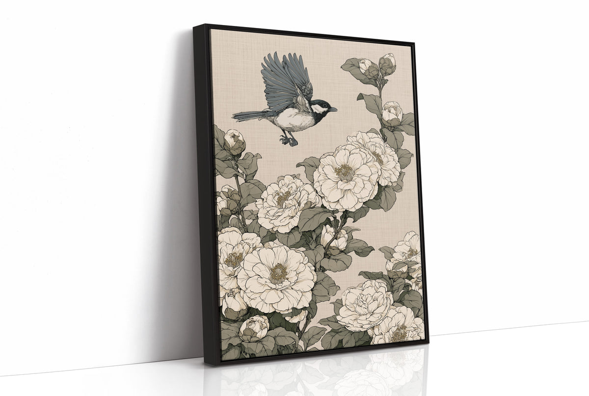 Chickadee Landing Among Camellia Blossoms