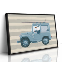 Surfing Seagull Canvas Art | Coastal Bird Driving Jeep with Surfboard Print for Beach House, Kids Room or Nautical Décor