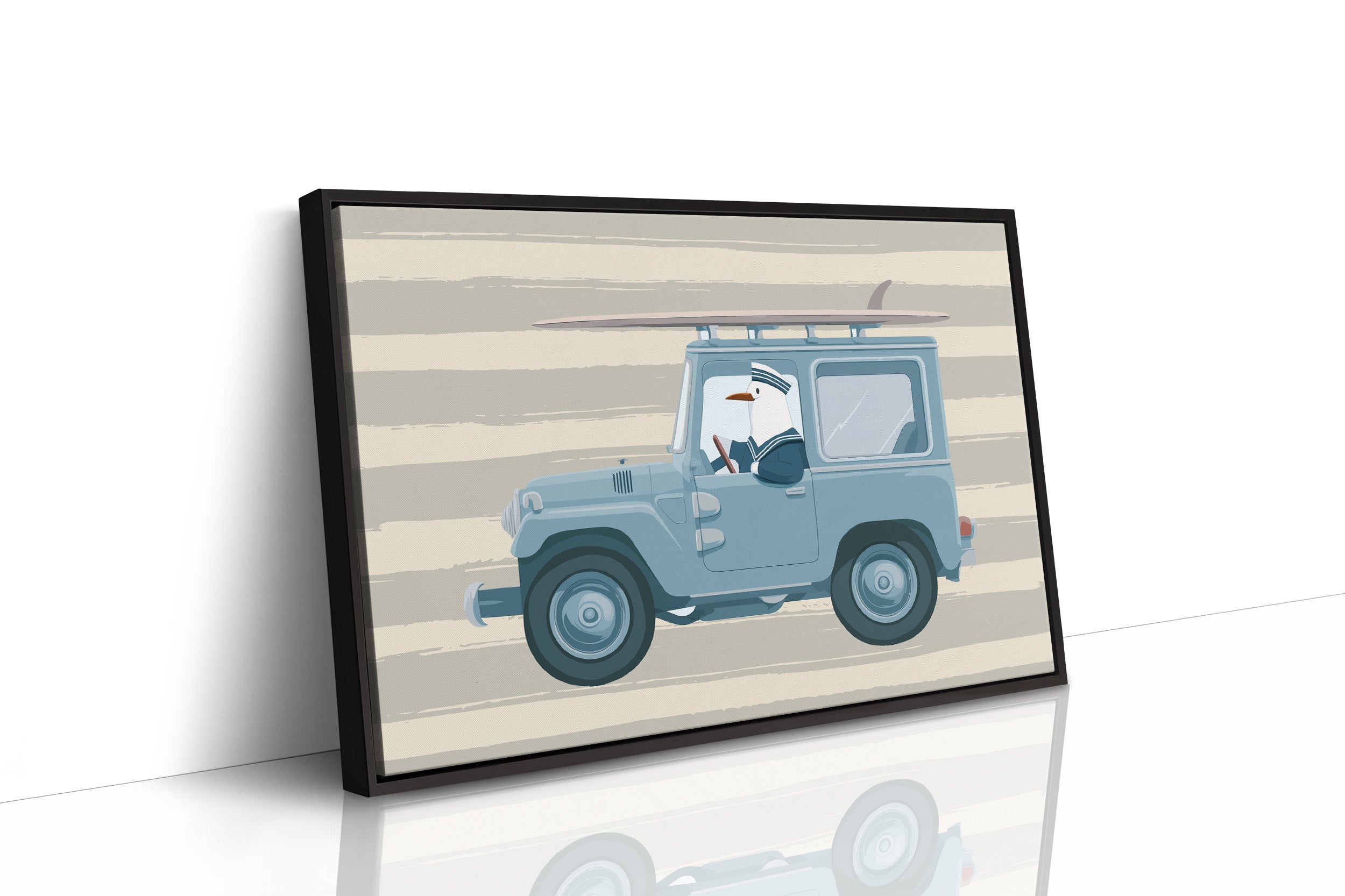 Surfing Seagull Canvas Art | Coastal Bird Driving Jeep with Surfboard Print for Beach House, Kids Room or Nautical Décor
