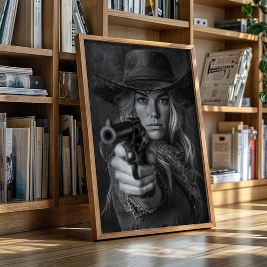 Framed artwork of a woman holding a gun in front of a bookshelf