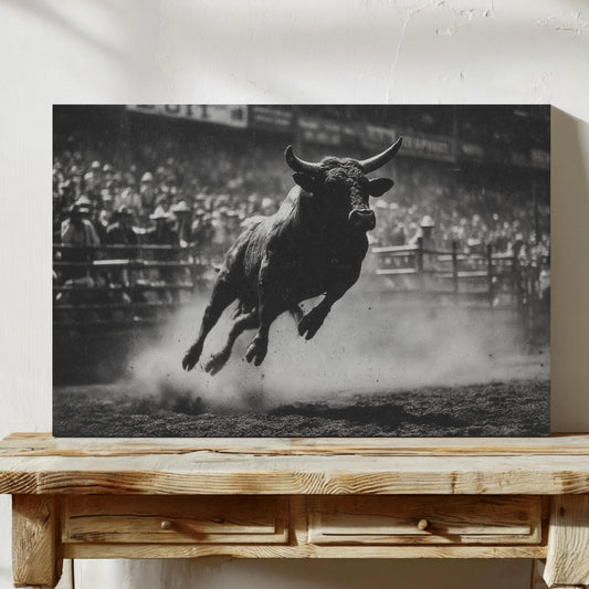 Black and white photo of a bull in mid-air over a wooden table