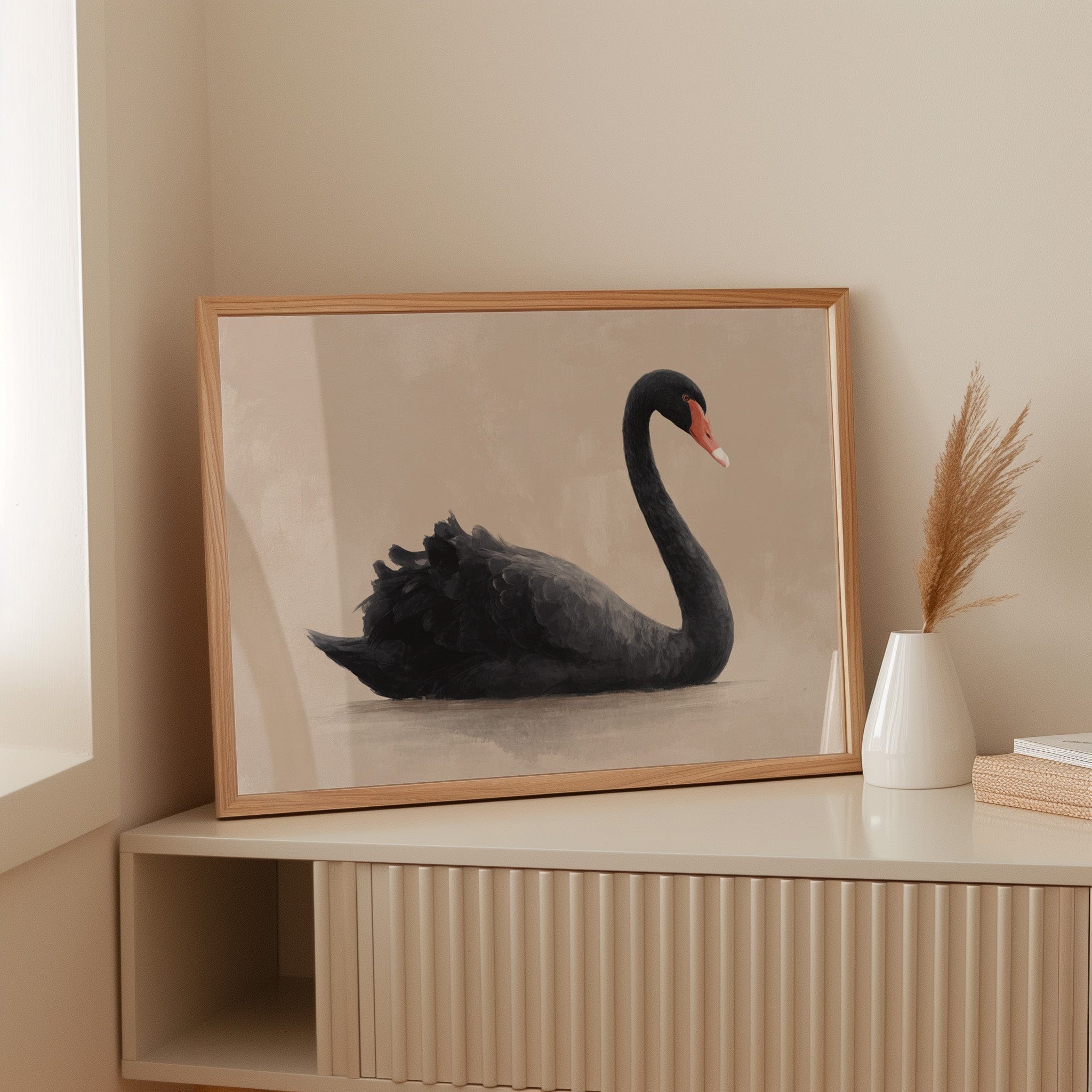 Black Swan Glides Through Blush Dawn