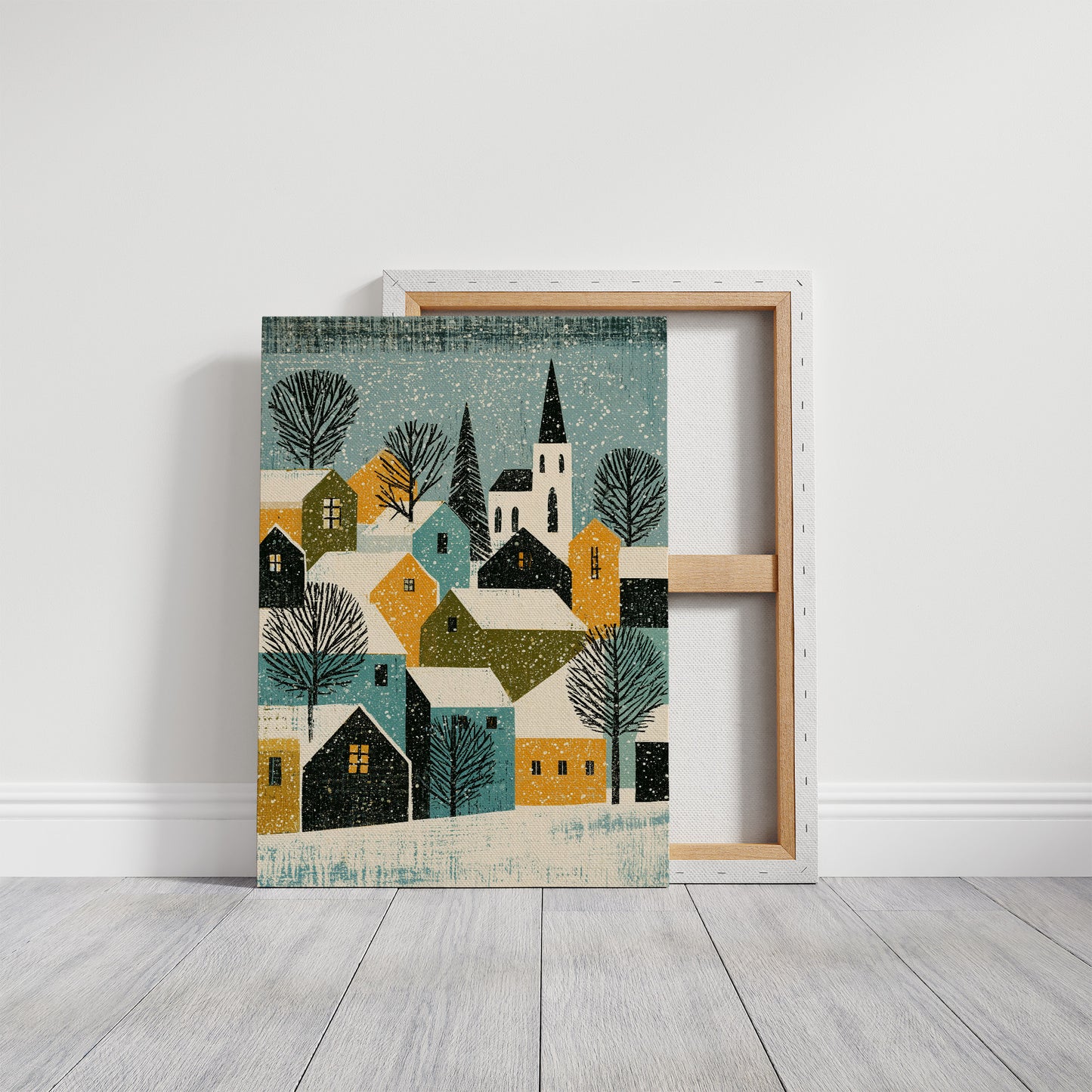 Snowy Village in Mustard & Teal