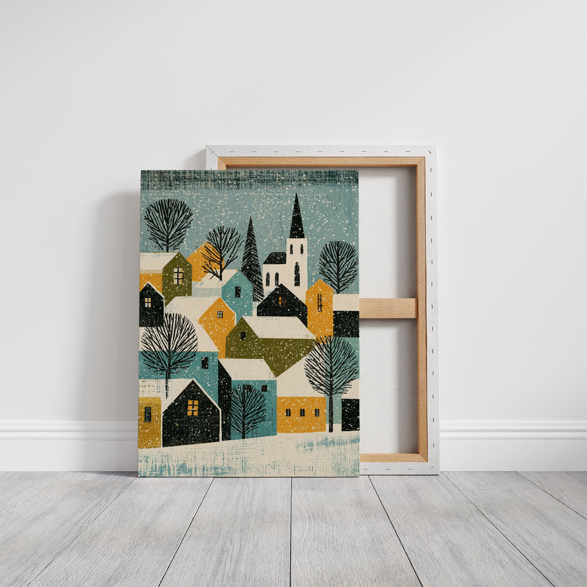 Snowy Village in Mustard & Teal