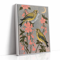 Greenfinches Beneath a Crescent Moon