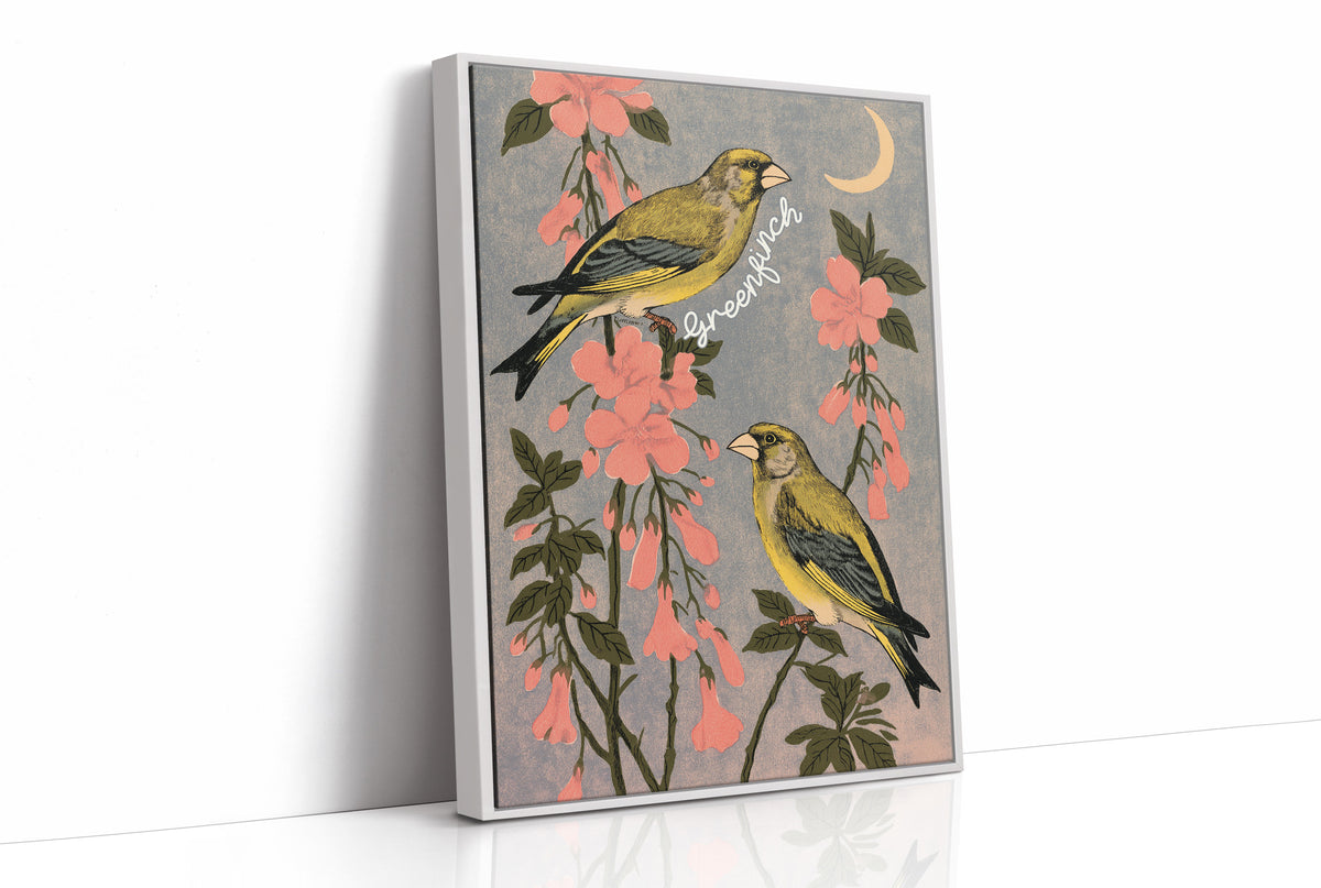 Greenfinches Beneath a Crescent Moon