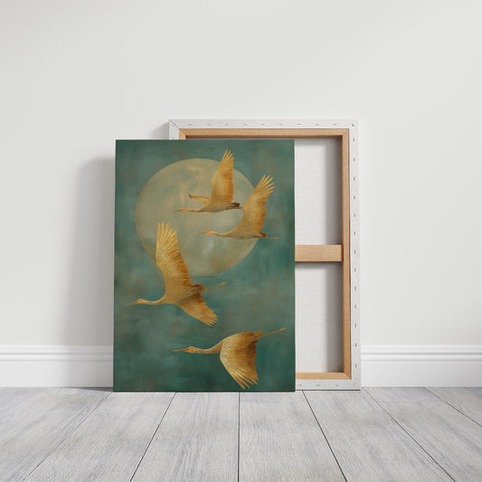 Golden Cranes Dance Through Mist