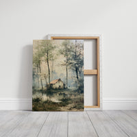 The Weathered Cottage: Misty Woodland Reflection