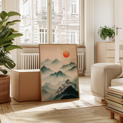 Misty Mountain Sunrise – Tranquil Asian-Inspired Landscape Print