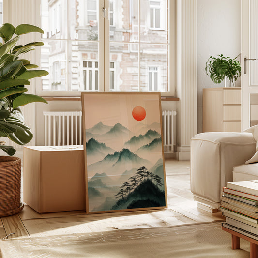 Misty Mountain Sunrise – Tranquil Asian-Inspired Landscape Print