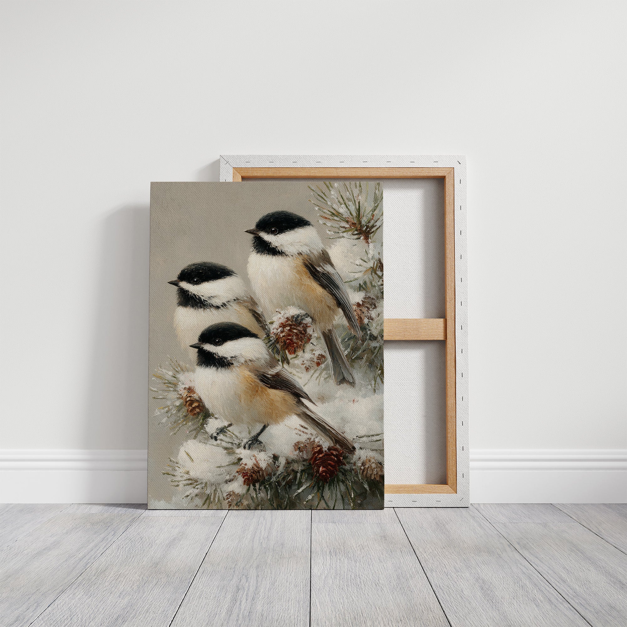 Chickadees on Frosted Pine