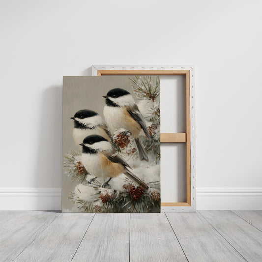 Chickadees on Frosted Pine