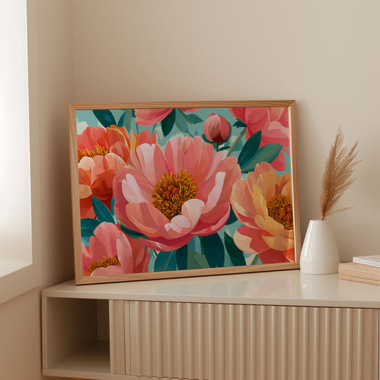 Coral Peonies Dance In Turquoise