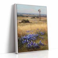 Bluebonnets Dance Near Rustic Windmill