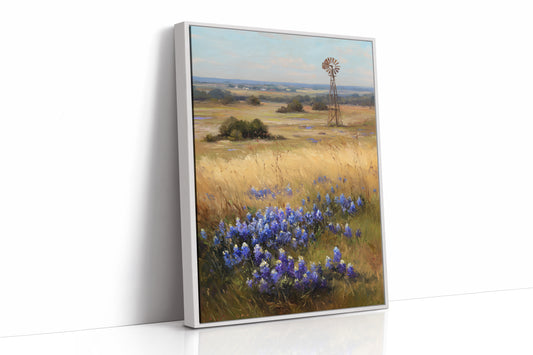 Bluebonnets Dance Near Rustic Windmill