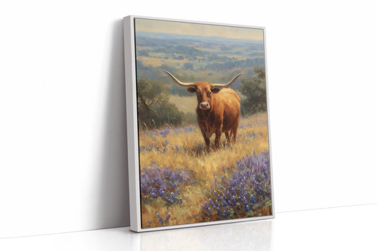 Longhorn Grazes Among Bluebonnet Dreams