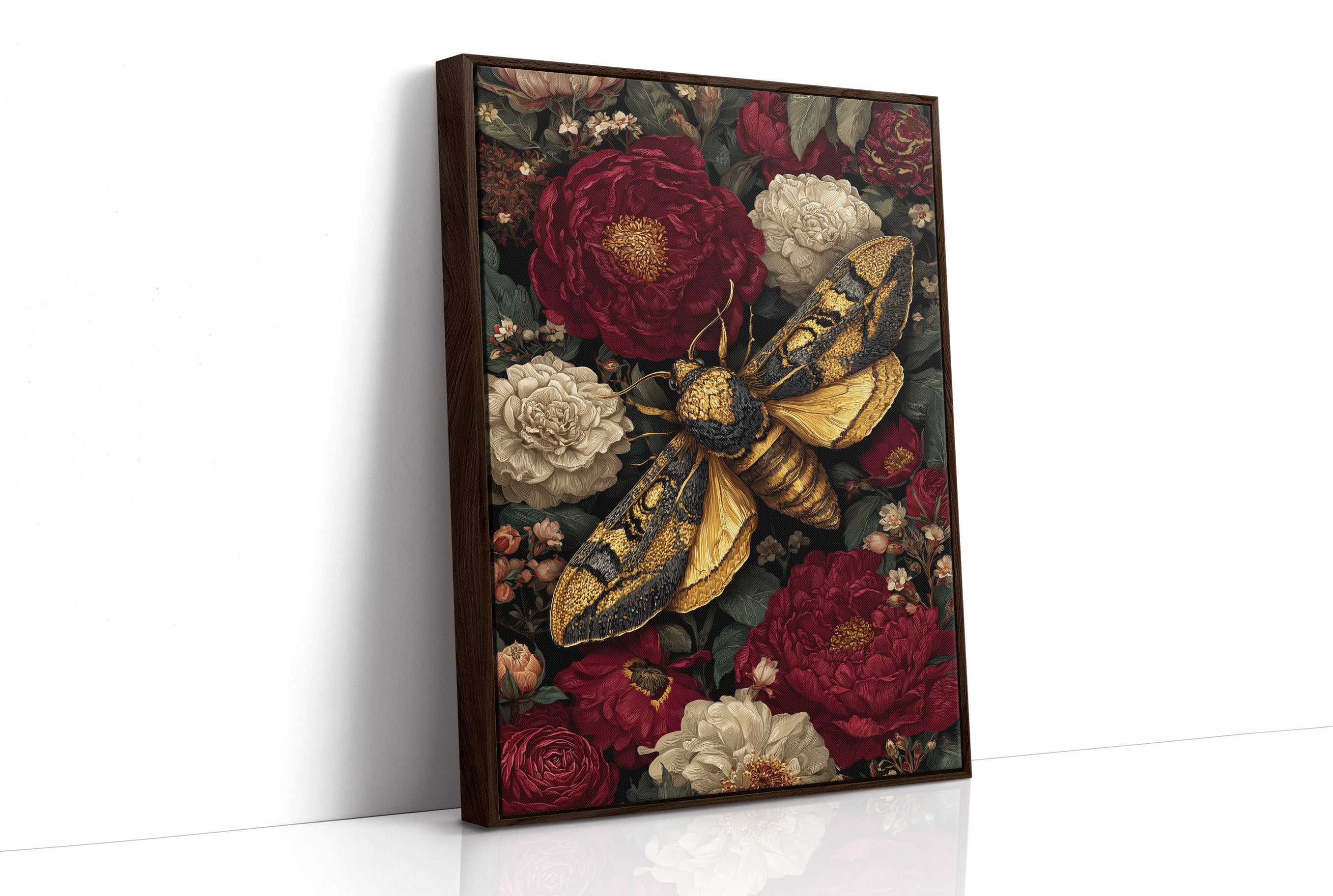 Golden Moth Among Crimson Blooms