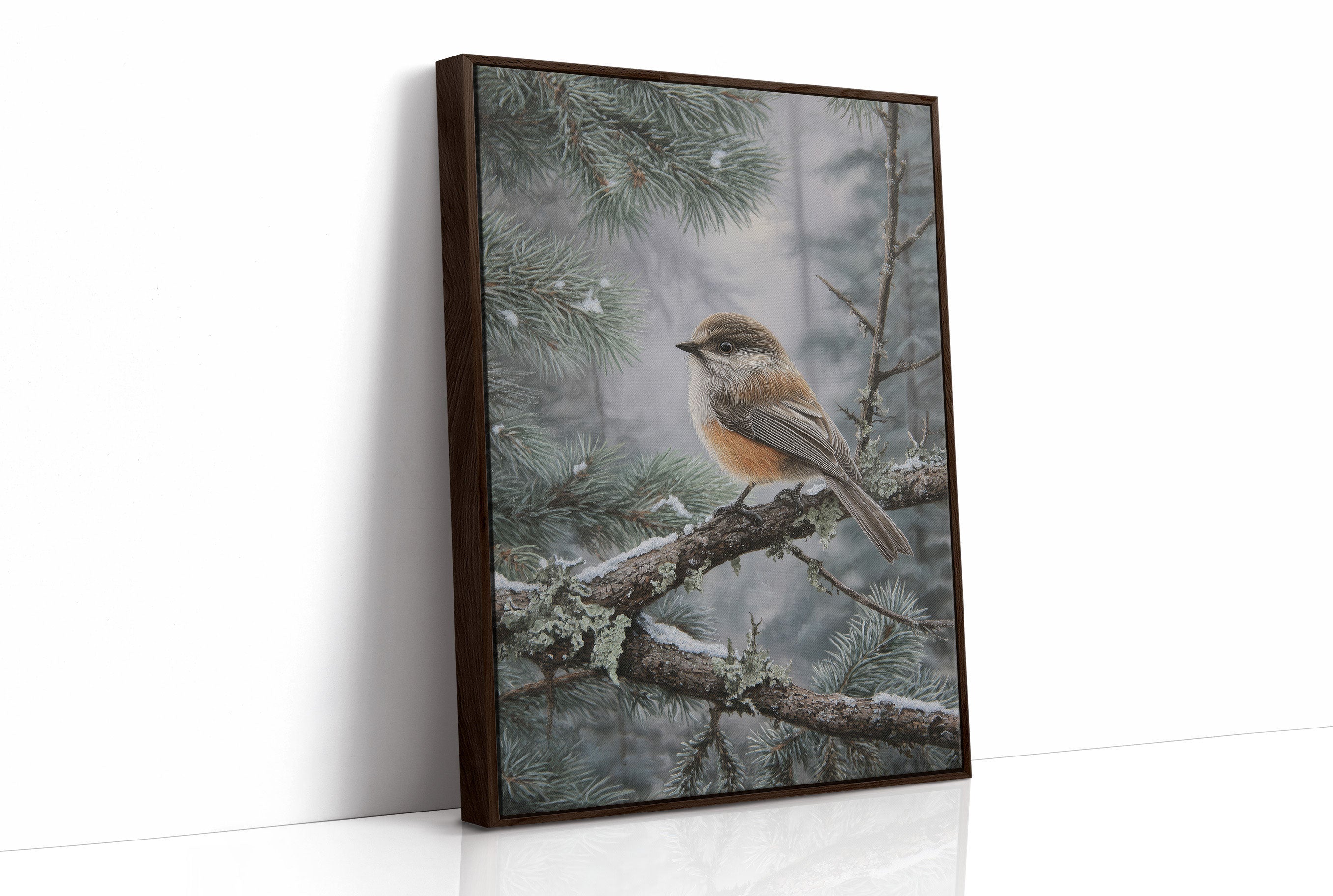 Winter Songbird Perches Among Pines