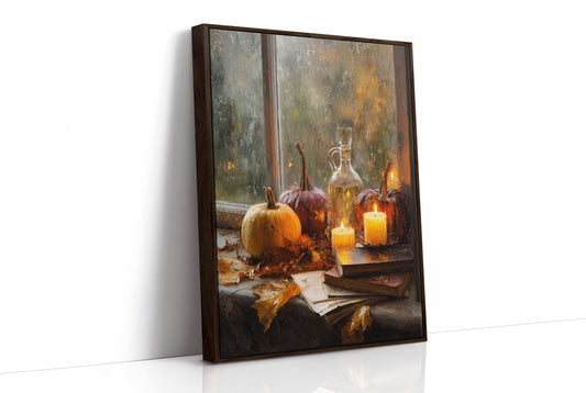 Pumpkins Glow By Rainy Window