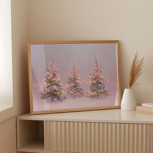 Pink Bows Dance Through Snow Light