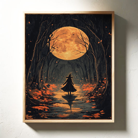 Witch Under Full Moon Art Print - Enchanting Autumn Scene - Gallery Canvas image 11