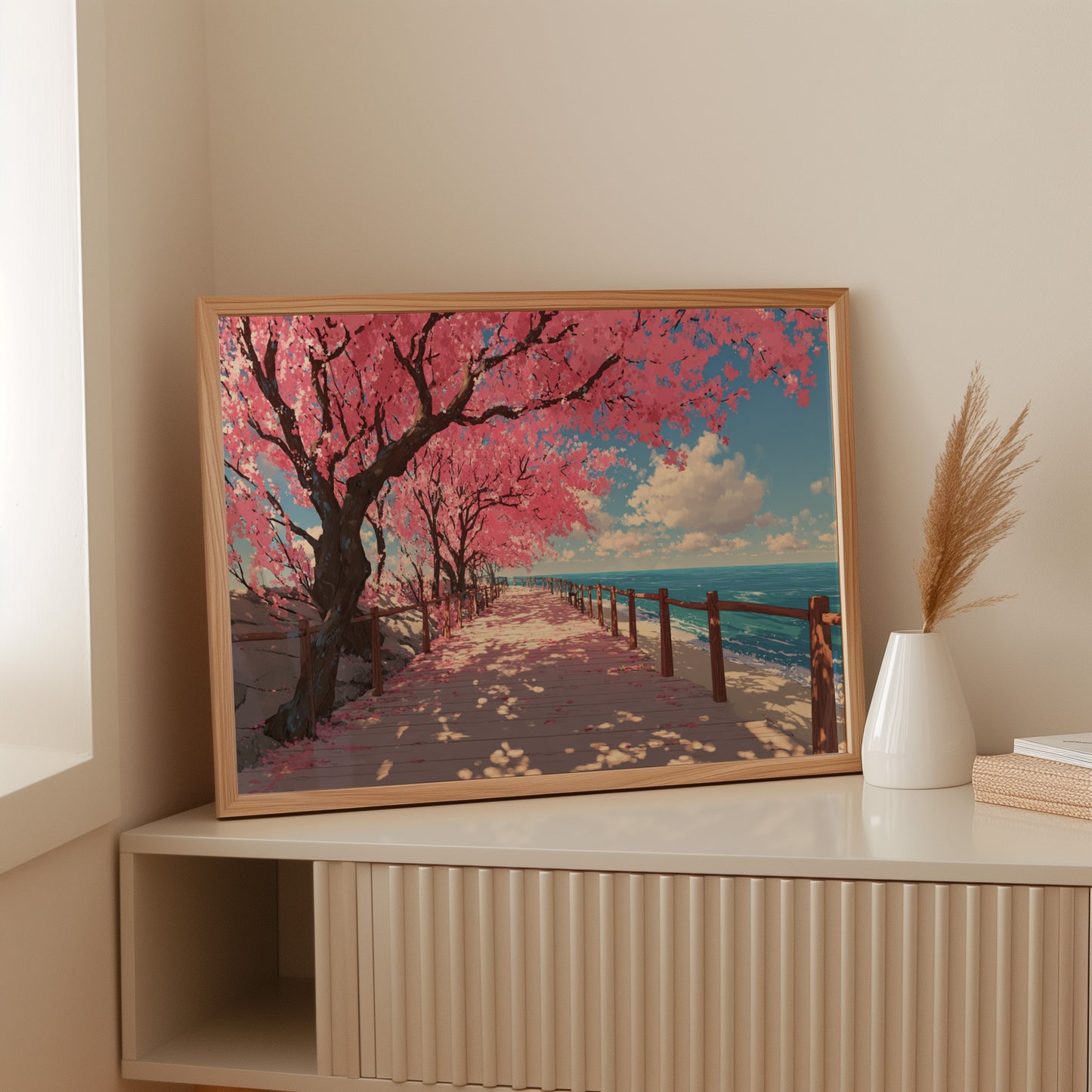 Cherry Blossoms Dance Above Ocean Paths