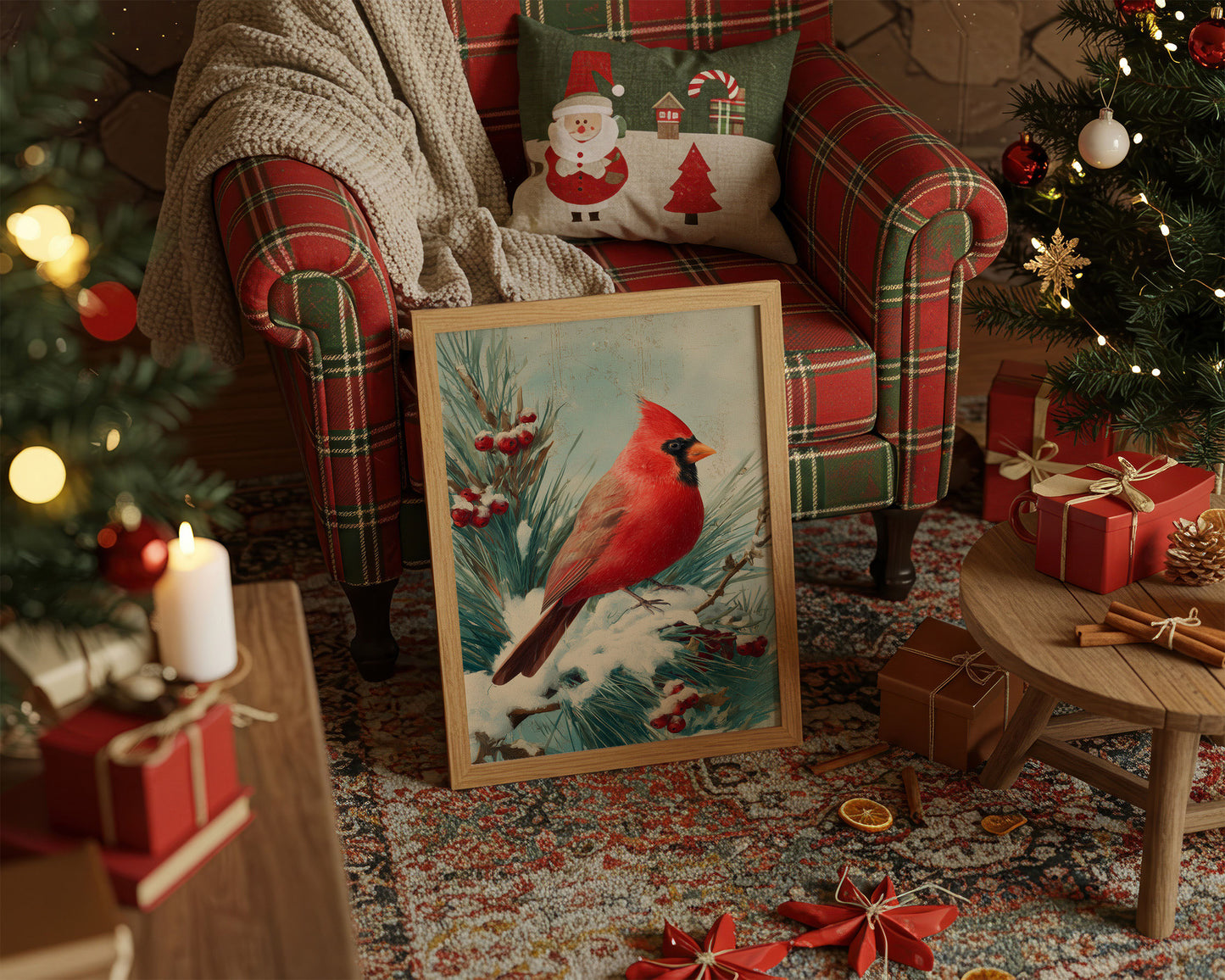 Crimson Wings Against Winter Pine